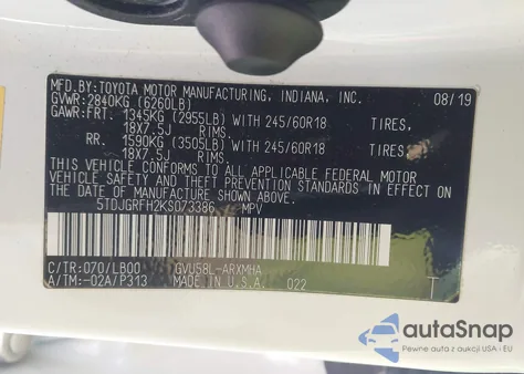 2019 Toyota Highlander Hybrid Xle z USA, uszkodzony, nr VIN 5TDJGRFH2KS073386